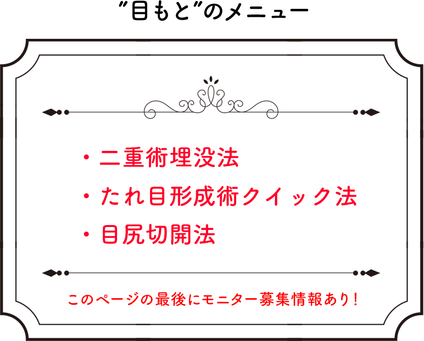 目元のメニュー 二重術埋没法 たれ目形成術クイック法 目尻切開法