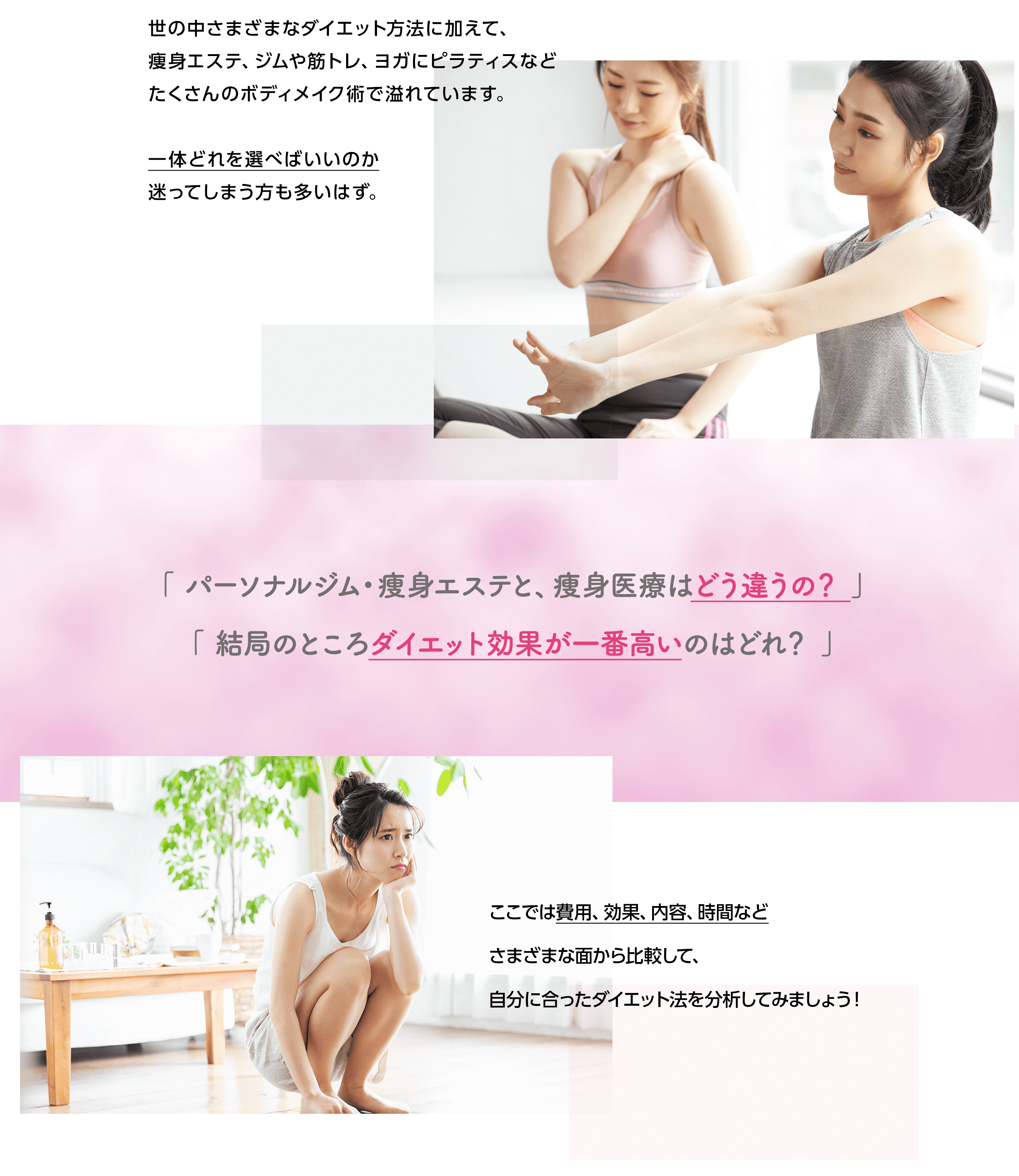 ここでは費用、効果、内容、時間などさまざまな面から比較して、自分に合ったダイエット法を分析してみましょう!